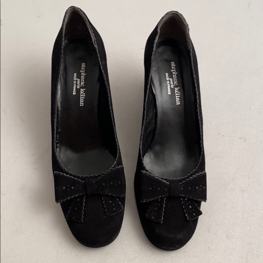 Stephane Kelian black suede wedge heels with bow